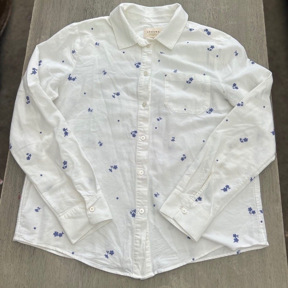 Sezane Tomboy Shirt White Blue Floral Embroidered Organic Cotton Blouse Size 36